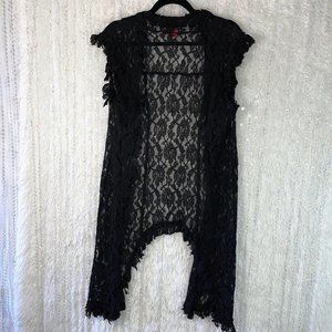 V Cristina Long Lace Cardigan Vest Size LARGE Black Sleeveless Open Front Ruffle